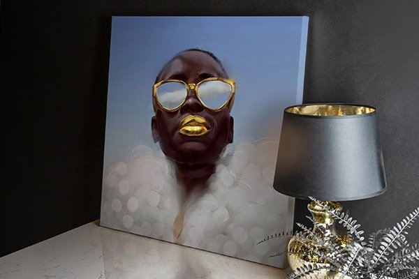 Close-up showing vibrant archival colors and fine detail on canvas