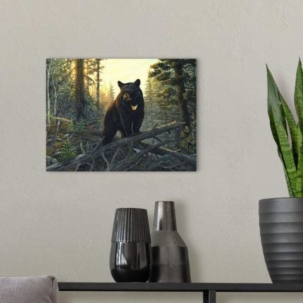 Golden Hour Guardian: A Rustic Wildlife Bear Canvas Painting for Your Lodge