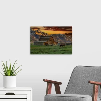 Homestead Sunset: A Rustic Teton Bison Wall Art Landscape