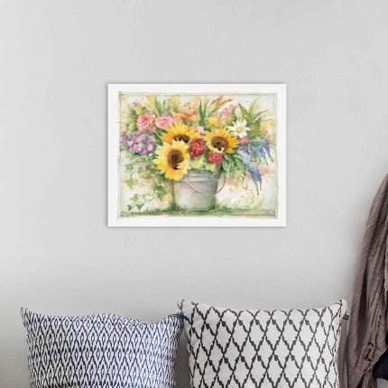 Garden Bucket Blooms: A Cheerful Rustic Floral Wall Art Print
