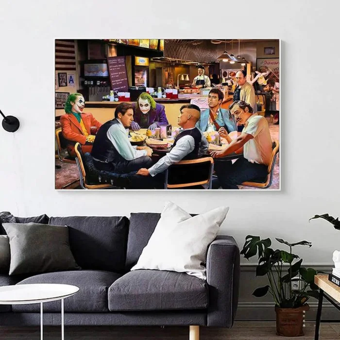 Joker art displayed as a bold statement piece in a living room.