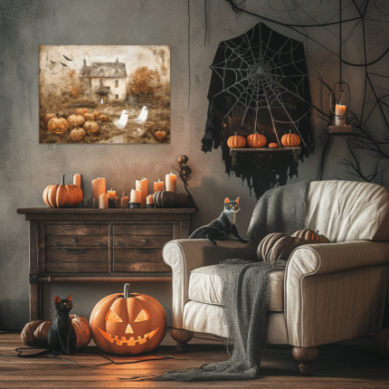 The Gourdian Ghosts: A Spooky Halloween Ghost Canvas Painting for Autumn Decor