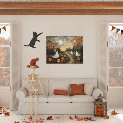 The Pumpkin Patch Parade: A Vintage Halloween Canvas Painting of Ghosts