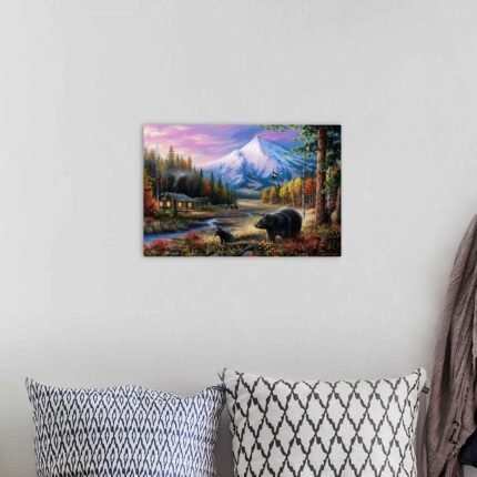 Twilight Mountain Sanctuary: A Rustic Wildlife Bear Wall Art for Your Cabin