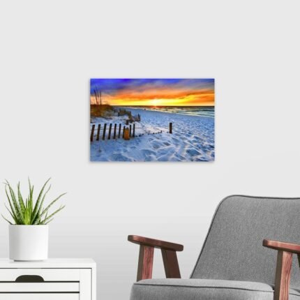 Sunset Embers: A Vibrant Coastal Beach Scene Wall Art Print