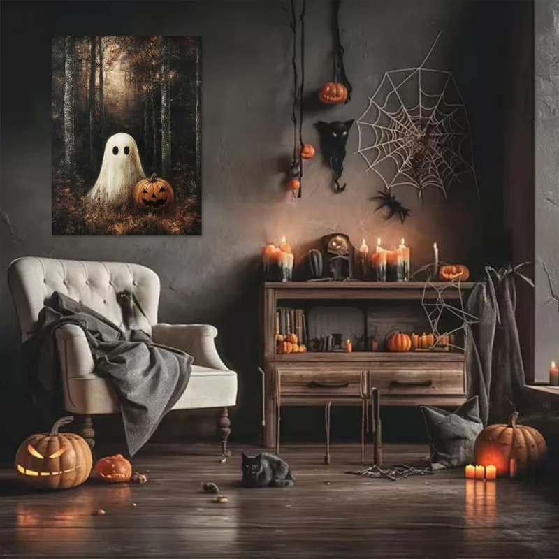 Classy Halloween entryway decor with stylish wall art.