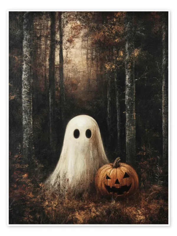 Vintage Halloween canvas art with spooky ghost.