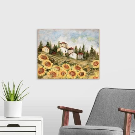 Village of Sunflowers: A Charming Rustic Flower Canvas Painting