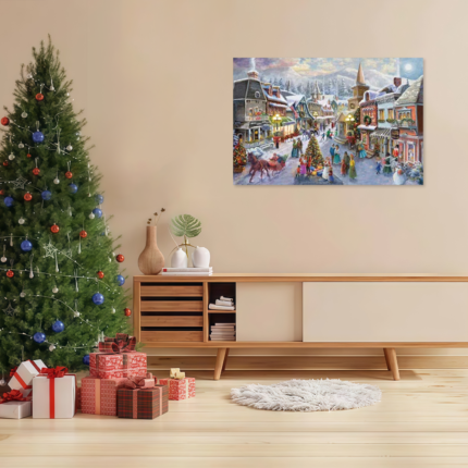 The Festive Village Square: A Vintage Christmas Wall Art of a Snowy Town