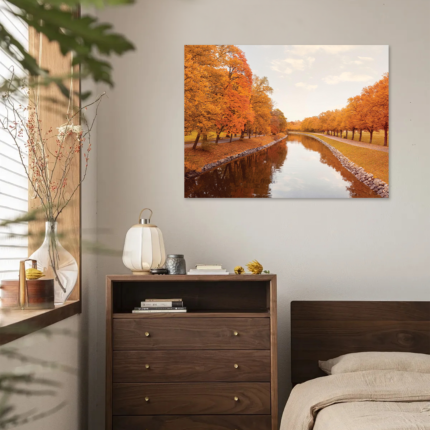 Golden Reflections: A Vintage Landscape Wall Art of an Autumn Canal