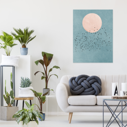 Moonlit Migration: A Serene Minimalist Bird Wall Art of a Flock in Flight