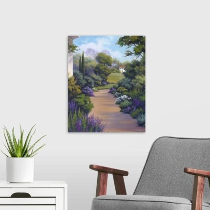 Garden Sanctuary: A Rustic Lavender Canvas Painting of a Country Path