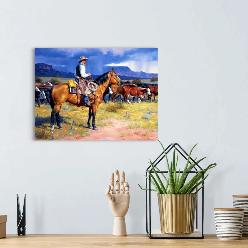 Dynamic cowboy art cattle drive painting