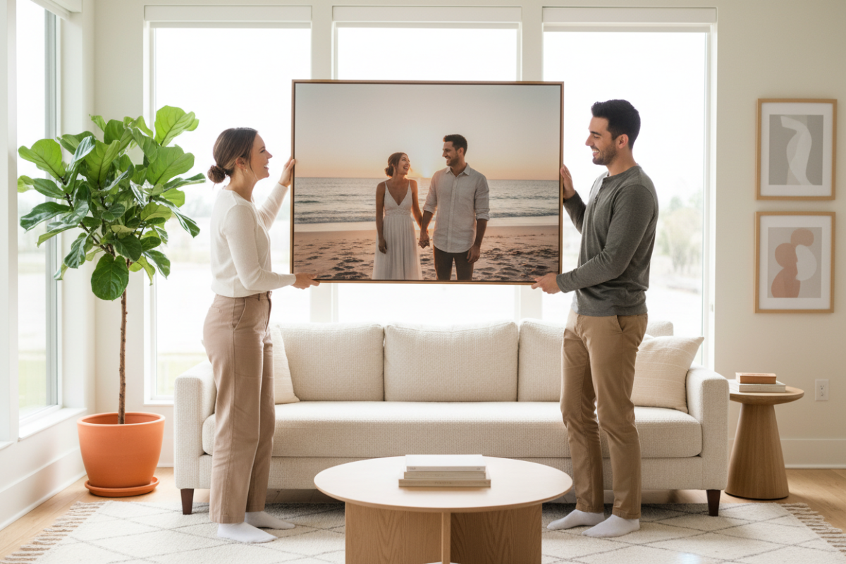 Newlyweds hanging a large custom wedding portrait on their living room wall.